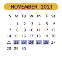 District School Academic Calendar for Positive Redirection Ctr for November 2021