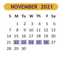 District School Academic Calendar for Miller Jordan Middle for November 2021