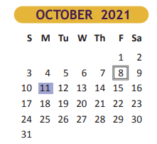 District School Academic Calendar for Judge Oscar De La Fuente Elementary for October 2021