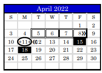 District School Academic Calendar for Juvenile Detention Center for April 2022