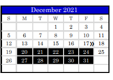 District School Academic Calendar for Juvenile Detention Center for December 2021