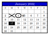 District School Academic Calendar for Juvenile Detention Center for January 2022