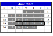 District School Academic Calendar for Juvenile Detention Center for June 2022