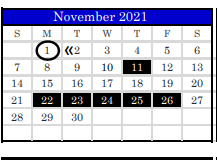 District School Academic Calendar for Juvenile Detention Center for November 2021