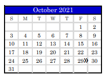District School Academic Calendar for Juvenile Detention Center for October 2021