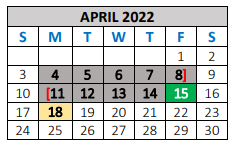 District School Academic Calendar for C H A M P S for April 2022