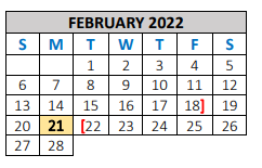 District School Academic Calendar for C H A M P S for February 2022