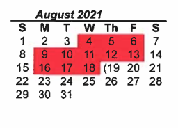 District School Academic Calendar for Denton Co J J A E P for August 2021