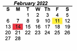 District School Academic Calendar for Denton Co J J A E P for February 2022