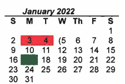 District School Academic Calendar for Denton Co J J A E P for January 2022