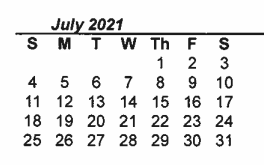 District School Academic Calendar for Denton Co J J A E P for July 2021