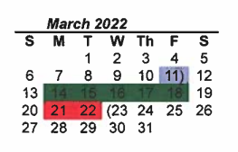 District School Academic Calendar for Tenderfoot Primary for March 2022