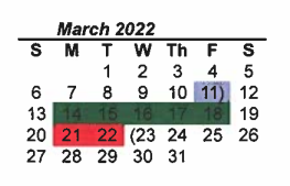 District School Academic Calendar for Denton Co J J A E P for March 2022