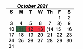 District School Academic Calendar for Denton Co J J A E P for October 2021