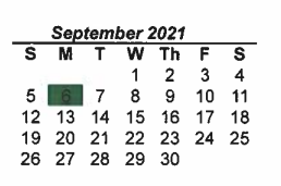 District School Academic Calendar for Tenderfoot Primary for September 2021