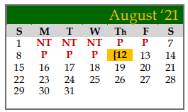 District School Academic Calendar for Galveston Co J J A E P for August 2021