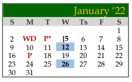 District School Academic Calendar for Galveston Co J J A E P for January 2022