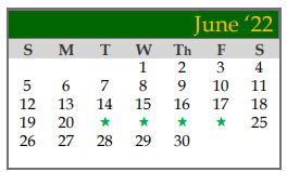 District School Academic Calendar for Santa Fe H S for June 2022