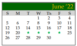 District School Academic Calendar for Galveston Co J J A E P for June 2022