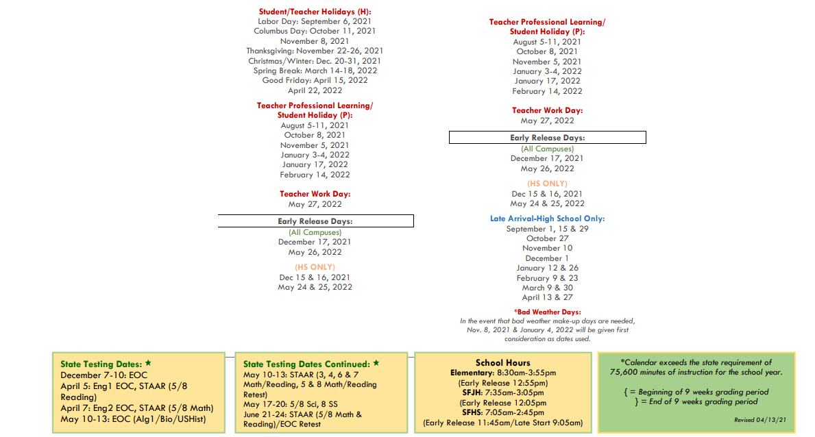 District School Academic Calendar Key for Santa Fe J H