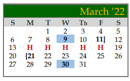 District School Academic Calendar for Galveston Co J J A E P for March 2022