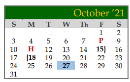 District School Academic Calendar for Galveston Co J J A E P for October 2021
