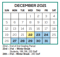 District School Academic Calendar for Children First for December 2021