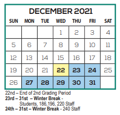 District School Academic Calendar for Tatum Ridge Elementary School for December 2021