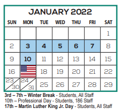 District School Academic Calendar for Phillippi Shores Elementary School for January 2022