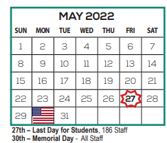 District School Academic Calendar for Ese Special Programs for May 2022