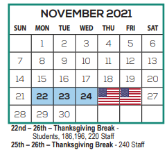 District School Academic Calendar for Garden Elementary School for November 2021