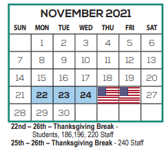 District School Academic Calendar for Student Leadership Academy for November 2021