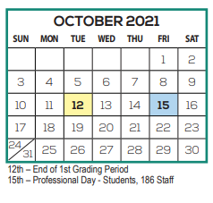 District School Academic Calendar for Sarasota County Superintendent's Office for October 2021