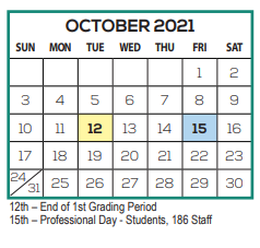 District School Academic Calendar for Tatum Ridge Elementary School for October 2021