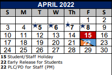 District School Academic Calendar for Jjaep Instructional for April 2022