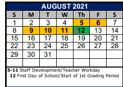 District School Academic Calendar for Green Valley Elementary School for August 2021