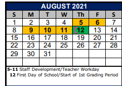 District School Academic Calendar for Allison  Steele Enhanced Learning for August 2021