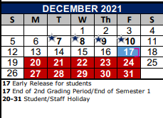 District School Academic Calendar for Jjaep Instructional for December 2021