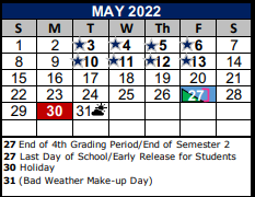 District School Academic Calendar for Schlather Intermediate School
 for May 2022