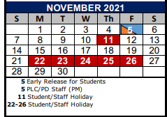 District School Academic Calendar for Byron P Steele II HS for November 2021