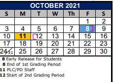 District School Academic Calendar for Jjaep Instructional for October 2021