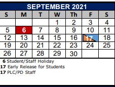 District School Academic Calendar for Wiederstein Elementary School for September 2021