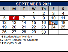 District School Academic Calendar for Jjaep Instructional for September 2021