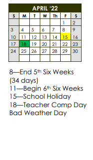 District School Academic Calendar for Eldorado Middle for April 2022