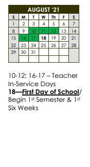 District School Academic Calendar for Eldorado Elementary for August 2021