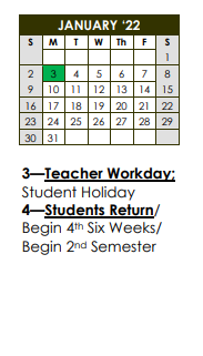 District School Academic Calendar for Eldorado Middle for January 2022