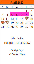 District School Academic Calendar for Schulenburg Elementary for April 2022