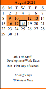 District School Academic Calendar for Schulenburg Secondary for August 2021