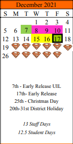 District School Academic Calendar for Schulenburg Elementary for December 2021