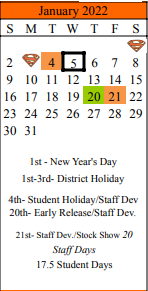 District School Academic Calendar for Schulenburg Elementary for January 2022